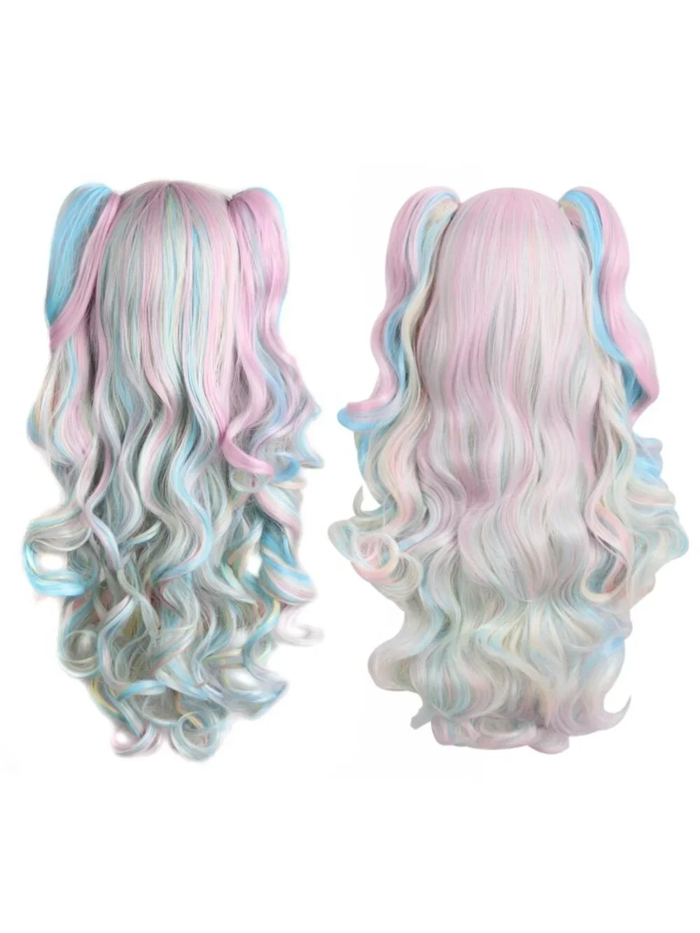 Women Pink Blue Blonde Synthetic Lolita Long Curly Clip On Ponytails Cosplay Wig